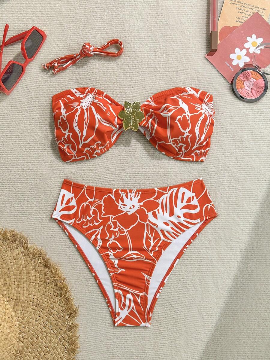 Soleia 女士豹纹金属装饰前开襟绑带泳衣套装，适合度假穿着 - 彩色 - 查看 1