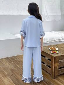 2pcs Tween Girls Casual Minimalist Printed Ruffle Collar Top And Pants Comfy Lounge Pajama Set - Baby Blue - View 2