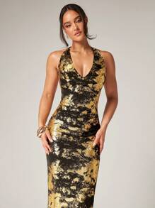 Silquee Women's Low Neckline Fitted Dress With Foil Pattern Design, Sexy Summer Resort Dress, Women's Summer Dress, Women's Dress, Festival Dress, Resort Dress, - Multicolor - View 4