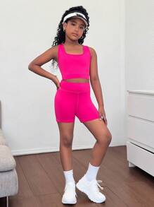 SHEIN Setelan Atasan Camisole Rajut Polos Berlubang di Bagian Belakang dan Celana Pendek Biker untuk Anak Perempuan Remaja, Cocok untuk Yoga, Hari Olahraga, dan Kembali ke Sekolah. - Hot Pink - View 4