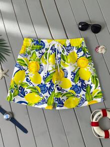 Manfinity RSRT Men's Lemon Fruit Pattern Beach Shorts, Made Of Mesh Fabric And Suitable For Swimming, Vacation, Workout, Gift, Hawaiian - Yellow - View 3