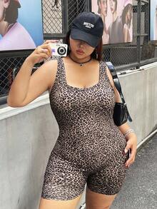 SHEIN EZwear 大码女式豹纹无袖方领连体裤 - 棕色 - 查看 5