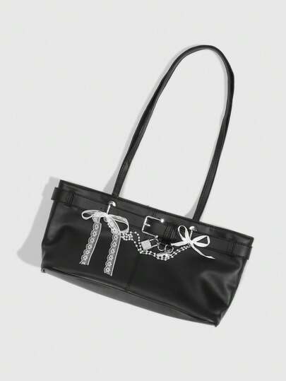 Grunge Punk 1pc Punk Style Faux Pearl Chain Black PU Leather Women Shoulder Bag, Decorated With Bow Ribbon & Key Lock, Black Crossbody Bag