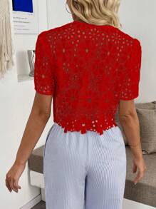 Pariaura Áo cánh tay ngắn thêu ren khoét sâu cho nữ, thanh lịch - Đỏ - Xem 2