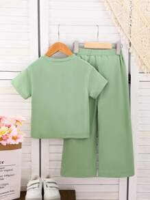 2 Stücke/Set Mädchen Sommer Strick Mode Koordination 3D Blumen Dekor, weiße Rundhals Kurzarm-Oberteile und Hose Set, Mädchen Zweiteiler Outfit grün, 2-teiliges Mädchen-Shirt Set grün, Mädchen-Set grün 5T, mintgrüne Kinderkleidung, Hose Set mit weitem Bein für Kinder