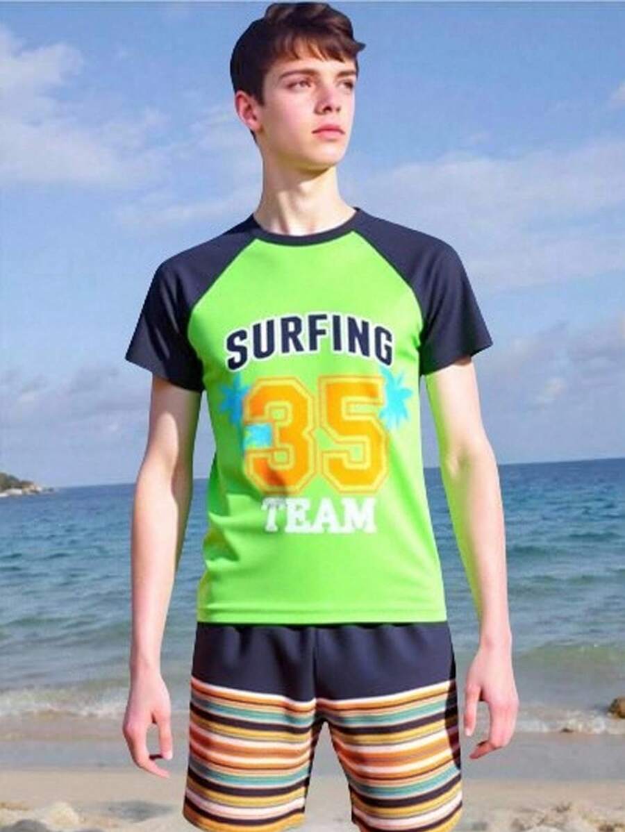 Boy's Digital Pattern Print Swim Shirt & Striped Swim Trunks Set, Suitable For Beach Vacation - Multicolor - View 1