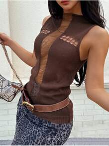 INAWLY 女士无袖性感破洞针织衬衫，适合日常穿着 - 棕色 - 查看 3