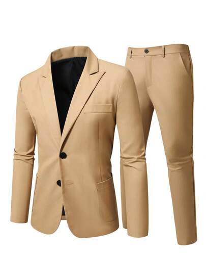 Manfinity Mode Traje de blazer y pantalones de talla grande para hombres, de unicolor, con cuello de solapa y manga larga