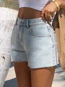 Livesso Women's Casual Fitted Frayed Hem Denim Shorts - Baby Blue - View 6