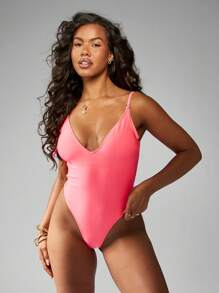 MISSGUIDED 迷人的深 V 领连体泳衣 V 领高开叉连体泳衣夏季沙滩装，配有可调节肩带，适合度假泳池海滩 - 粉色 - 查看 4