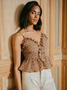 lacRébo Top camisero con textura de color marrón claro, con volantes y detalles de botones delanteros, top de salida para otoño e invierno - Multicolor - Ver 3