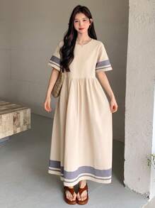 DAZY Women's Casual Holiday Colorblock Striped Dress,Teacher Outfits - Beige - View 5