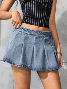 SHEIN EZwear 休闲修身褶皱裹身牛仔迷你裙，夏季 - 淺色水洗藍 - 查看 6