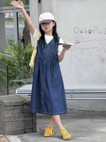 DAZY Vestido jeans sem mangas com decote em V para meninas adolescentes, verão, para a volta às aulas - Lavagem escura - Ver 4