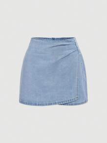 SHEIN MOD MOD Women's Pleated Asymmetric Hem Short Casual Denim Mini Skirt Summer