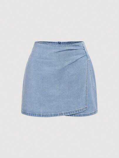 SHEIN MOD MOD Women's Pleated Asymmetric Hem Short Casual Denim Mini Skirt Summer