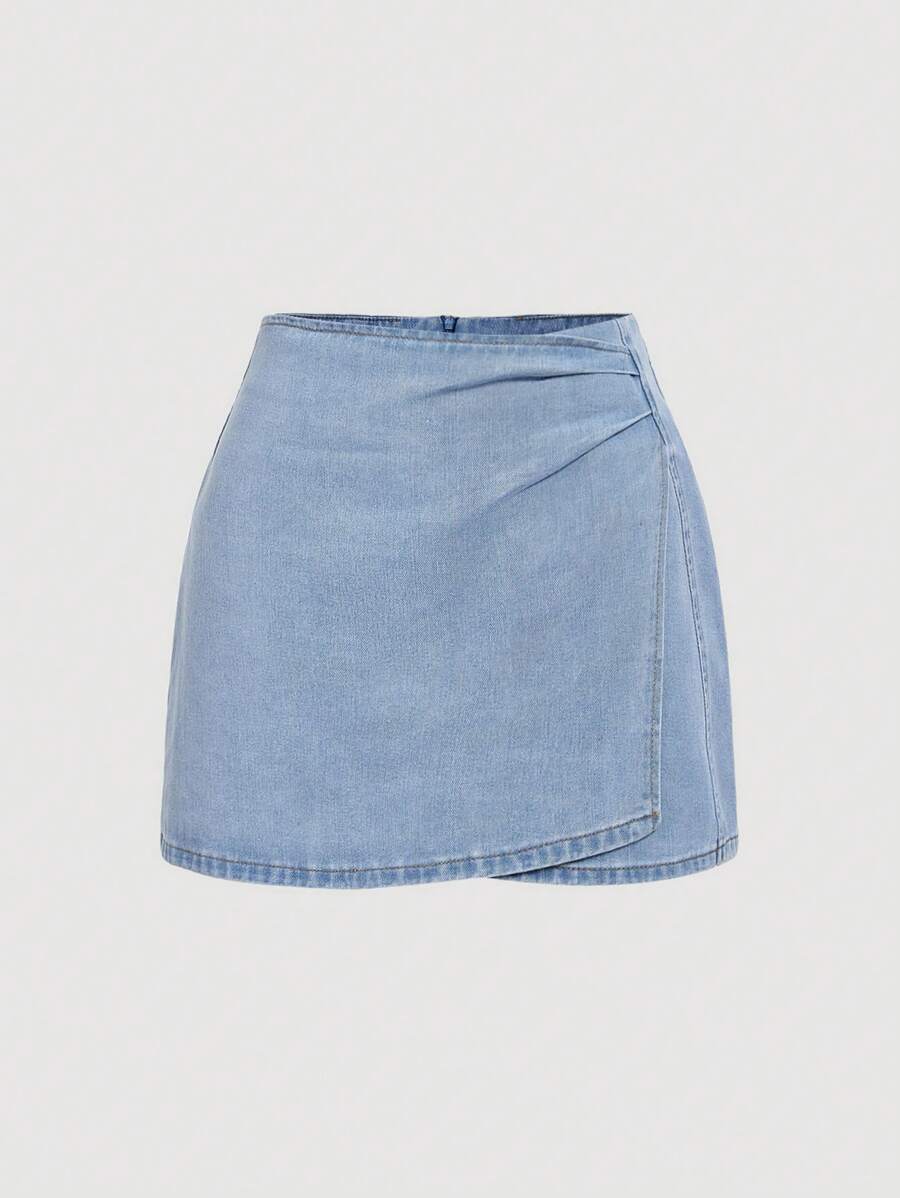 SHEIN MOD MOD Women's Pleated Asymmetric Hem Short Casual Denim Mini Skirt Summer