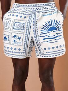 SUMWON Beach Board Summer Swimming Trunks Ocean Wave Print Vacation Holiday Resort Pool Surf Athletic Water Sports Casual Comfort Drawstring Patterned