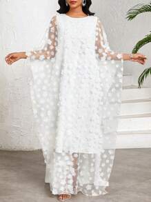 SHEIN Lady Weißes ultralanges Chiffon-Kleid mit 3D-Blumen, halbtransparent, geeignet für Geburtstag & Veranstaltungen / Bürokleidung / Kirchenkleidung / Hochzeitskleider / Urlaubskleider / weiße Kleider - Weiss - Übersicht 3