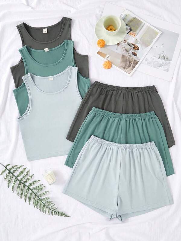 3pcs Solid Color Tank Top & Shorts Set, Fashionable For Women Summer Outfit