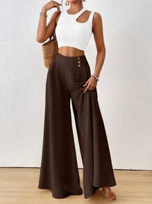 SHEIN Raffinéa Fall Women Clothes Women's Solid Color High-Waist Button Accent Pleated Wide-Leg Loose Pants - Coffee Brown - View 6