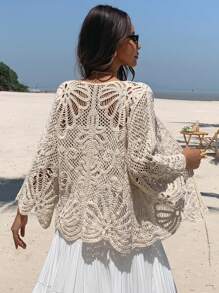 DAZY Boho Vacation Style Crochet Hollow Out Knitted Cardigan For Women, Spring/Summer, Tie Front Crop Top, Fall Cruise - Beige - View 2