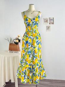 INAWLY Women's Resort Single Breasted Strap Lemon Print Dress - Multicolor - View 1