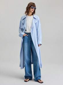 Ontre 2025 Autumn Women's Solid Color Double-Breasted Trench Coat, Casual Commuter, Loose & Comfortable, Unisex Business Casual Office Wear - Baby Blue - View 3