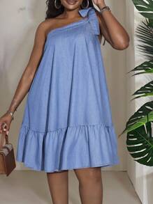 Slaydiva Vestido de peto de mezclilla talla grande, con hombro sexy descubierto, suelto y corto, vestidos de primavera azules para mujeres - vestidos de verano para mujer, vestido con volantes de un hombro, vestido casual, vestido bohemio, vestido de vacaciones, vestido tropical, vestido para salir, vestido de hada, conjuntos de vacaciones en la playa, vestido de playa