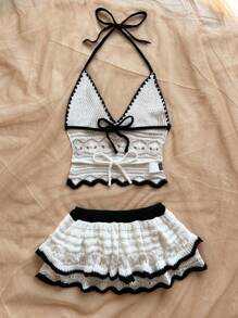 Soleia Conjunto de 2 piezas de blusa halter sin espalda con recorte de contraste y mini falda para mujer de talla grande, atuendos de vacaciones de playa, primavera/verano, estilo bohemio romántico para festivales de música con flores y tejido a ganchillo