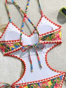 Swim Vcay Women's One-Piece Swimsuit, Floral Printed, Bohemian Style, Fringe Trim Details, Side Cut-Out Design For Summer Beach Vacation - Multicolor - View 6