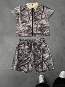 Manfinity LEGND Conjunto de camisa y pantalones cortos de camuflaje talla grande para hombre