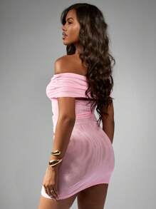 MISSGUIDED Off Shoulder Bodycon Cut Out Mini Dress Ruched Mesh Club Party Night Out Special Occasion Form Fitting Dress Fashion Statement Piece - Pink - View 2