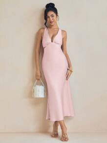 Amiko Spring Summer Bias Drape Pink Satin Slip Dress With Tie Back Women Elegant Dress Vacation - Baby Pink - View 8