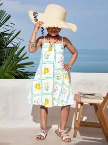 少女休闲花卉印花无袖连衣裙，夏季 - 黑色 - 查看 1