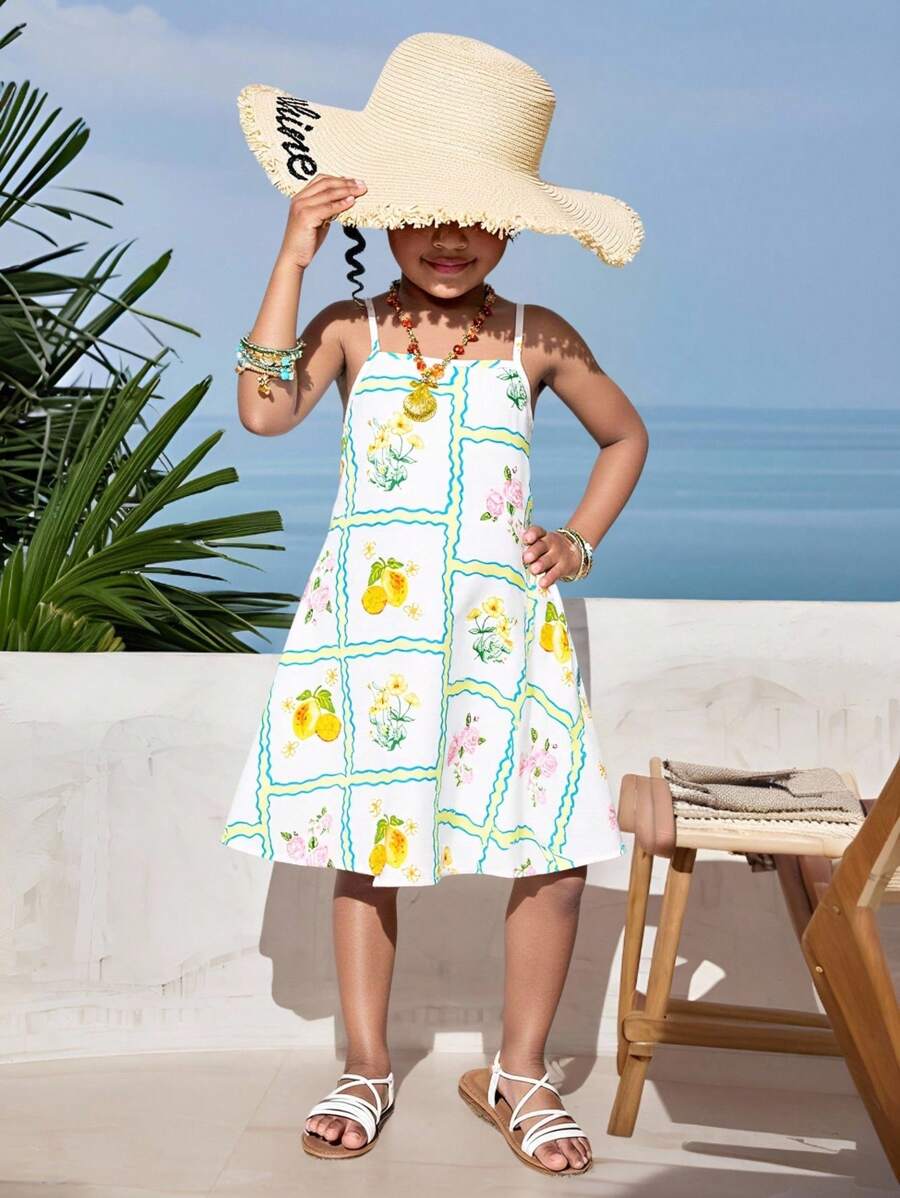 少女休闲花卉印花无袖连衣裙，夏季 - 黑色 - 查看 1