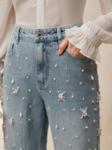 Anewsta Women Casual Distressed Crystal & Faux Pearl Straight-Leg Pants