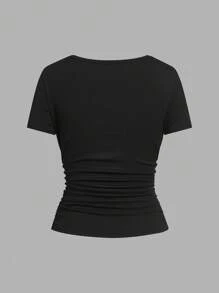 Slaydiva 3pcs/Set Women Casual Square Neck Ruched Fitted Short Sleeve T-Shirt Set, Suitable For Summer - Multicolor - View 6