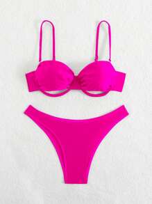 Swim SXY Women New Beach Spaghetti Strap Hollow-Out Steel Frame Backless Sexy Solid Shiny Color Bikini Set - Pink - View 3