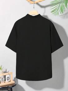 SHEIN 青少年男孩纯色单排扣短袖休闲纹理衬衫，舒适休闲学院风，百搭，柔软透气，适合日常穿着、上学、旅行、夏季海滩度假 - 黑色 - 查看 4