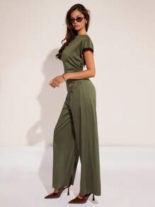 COSMINA Women's Solid-Color Crew Neck Batwing Sleeve Pleated Elegant Jumpsuit, Summer - Army Green - View 6