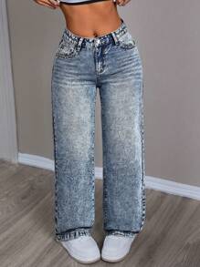 SHEIN PETITE Women's Casual Washed Loose Straight Leg Jeans ,Petite Women - Medium Wash - View 3