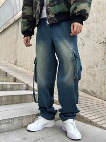 Manfinity EMRG Jeans rectos holgados, casuales y versátiles con bolsillo de utilidad para hombres - Azul - Ver 6