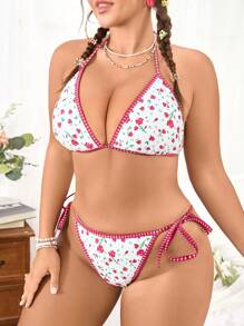 Swim Mod 大码女式小红花吊带三件套泳衣 - 彩色 - 查看 3