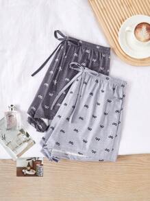 SHEIN Set de 2 pantalones de pijama casuales con estampado de lazo - Multicolor - Ver 3