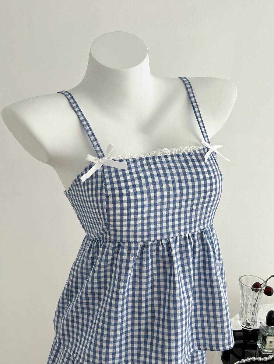 Elamini Bộ 2 quần yếm kẻ caro đỏ thời trang xuân/hè cho nữ đi nghỉ thường ngày và quần short kẻ caro cạp chun đi biển/dã ngoại - Xanh và trắng - Xem 1