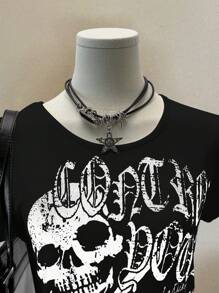 Rina Fox Women's Summer Slim Fit Punk Casual T-Shirt With Skull Print, Black - Black - View 3