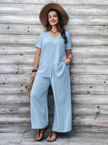 EMERY ROSE Plus Size Women's V-Neck Button Embellished Short-Sleeved Top And Wide-Leg Pants Khaki Color Two Pieces Set For Spring Summer Outfits For Women - Baby Blue - View 4