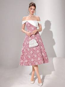 Modelyn Damen elegantes Kontrastfarben Jacquard Off-Shoulder Midi-Kleid, Sommer - Pink - Übersicht 6