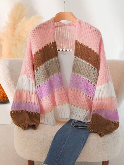 CosyJoli Cárdigan de punto de rayas multicolor casual/oficina para mujer de talla grande, otoño/invierno